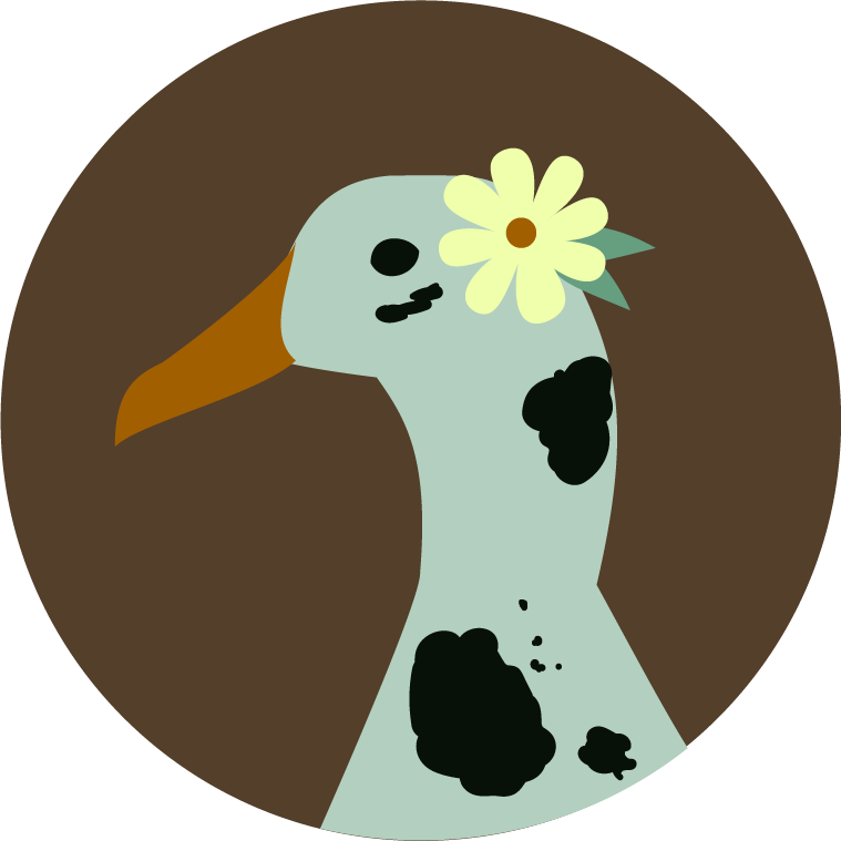 white duck with black spots and flower on its head