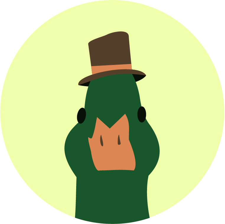 green duck with a brown hat