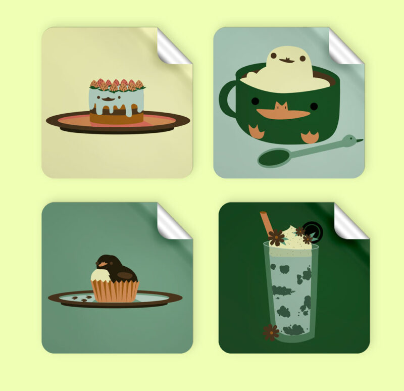 four square stickers with duck themed desserts