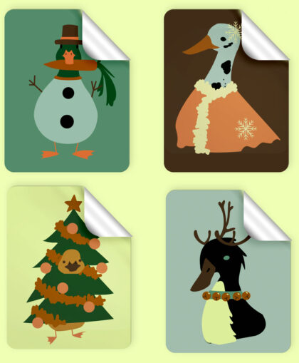 four rectangular stickers of ducks dressed in festive outfits.