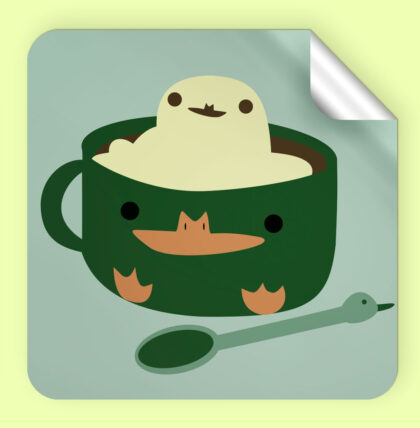 Square sticker with a foam duck sitting in a green duck mug