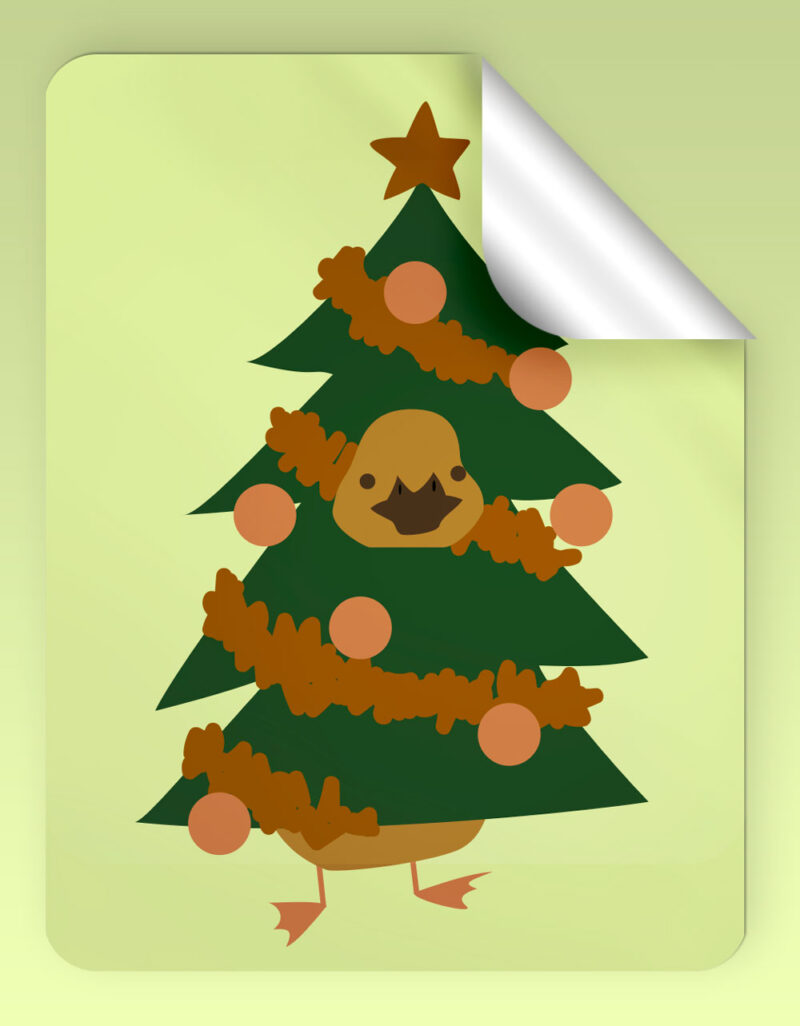 rectangular sticker with duck dressed as a christmas tree