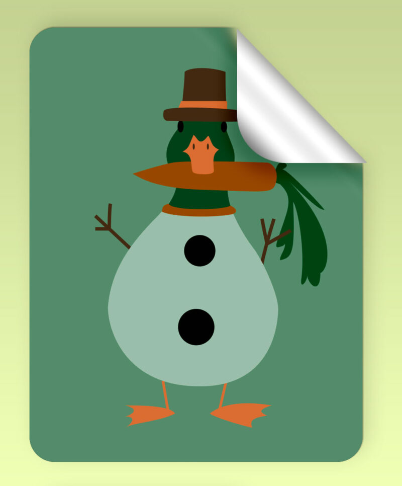 rectangular sticker with duck dressed as a snowman