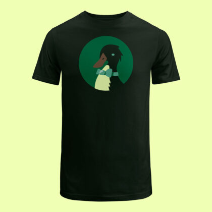 black duck with a bowtie on a black t-shirt