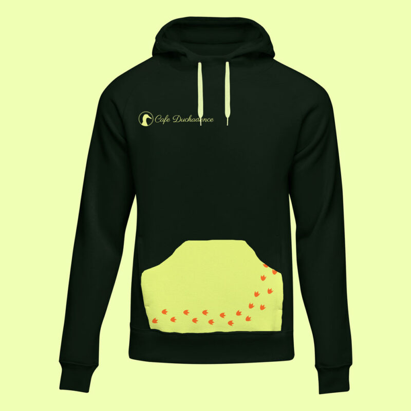 black hoodie with duck footprint design on pocket and duckadence logo on breast