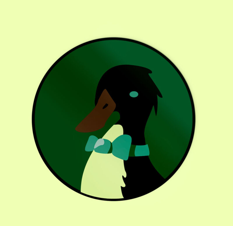 Round sticker with portrait of a black duck wearing a bow tie