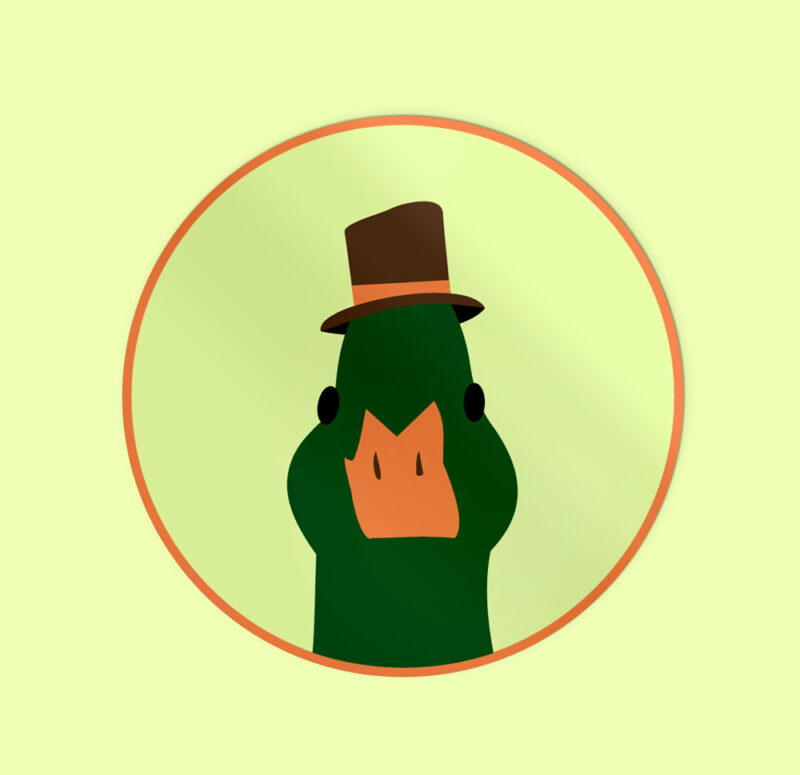 Round sticker with green duck wearing a hat portrait