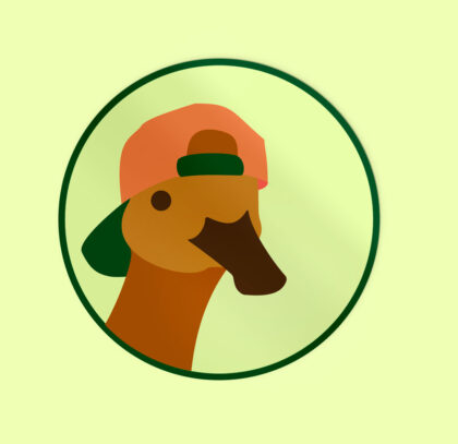 Round sticker with brown duck wearing a cap portrait