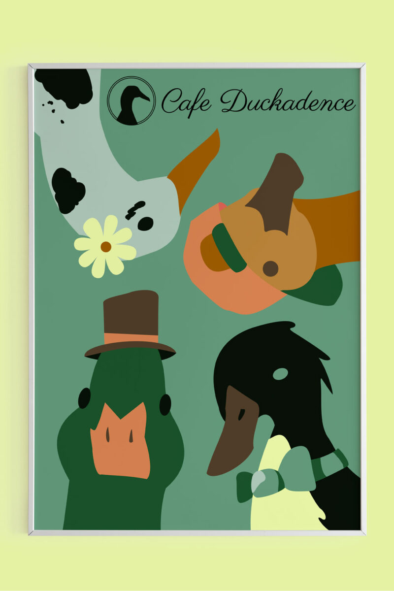 a poster with 4 duck heads on it and the cafe duckadence logo