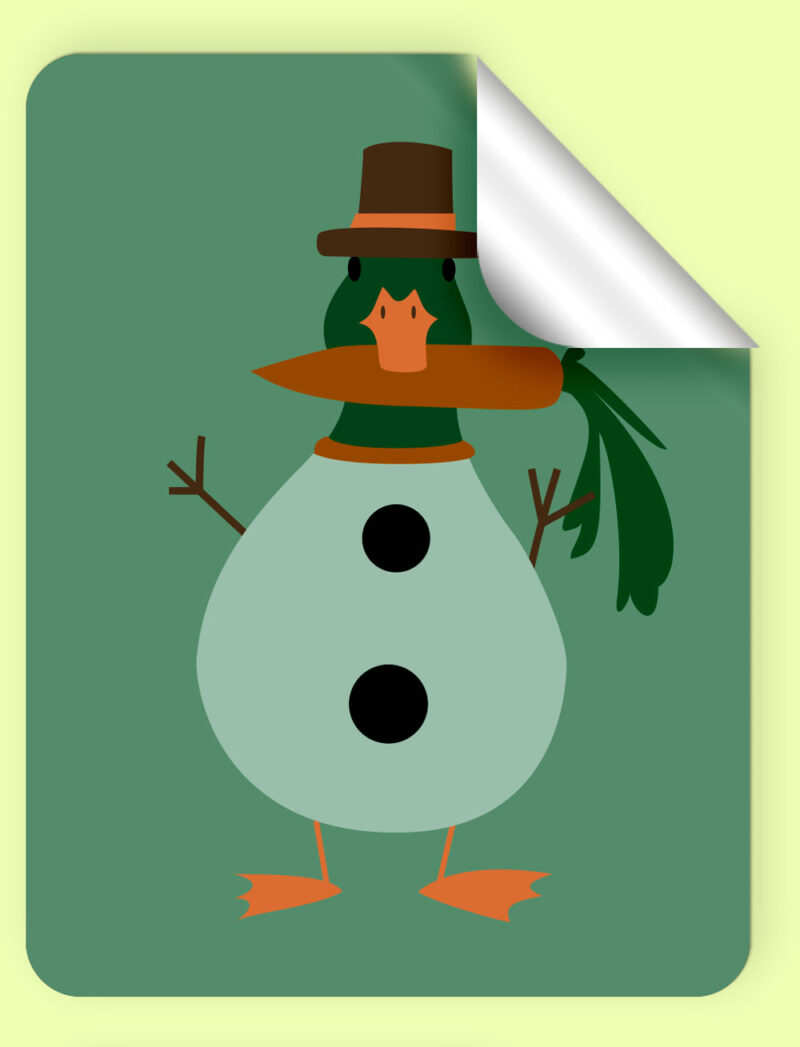 rectangular sticker with duck dressed as a snowman