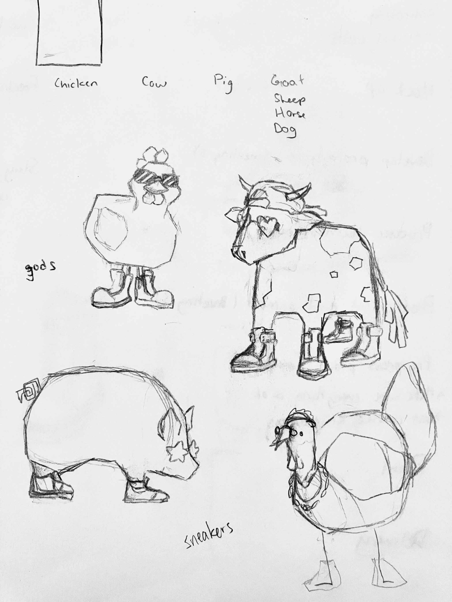 Barnyard animals wearing shoes sketches