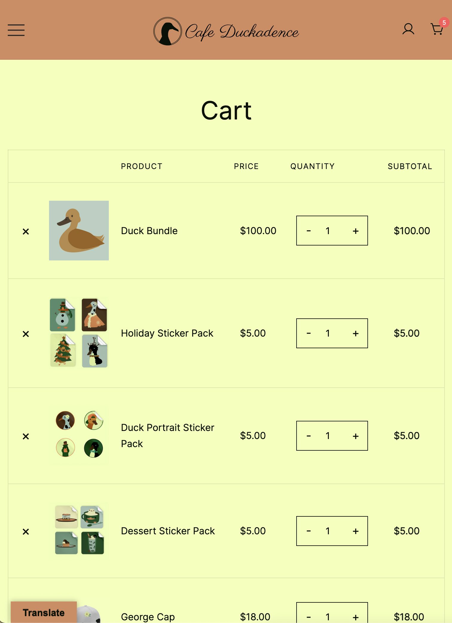 Shopping cart of the duckadence merch website