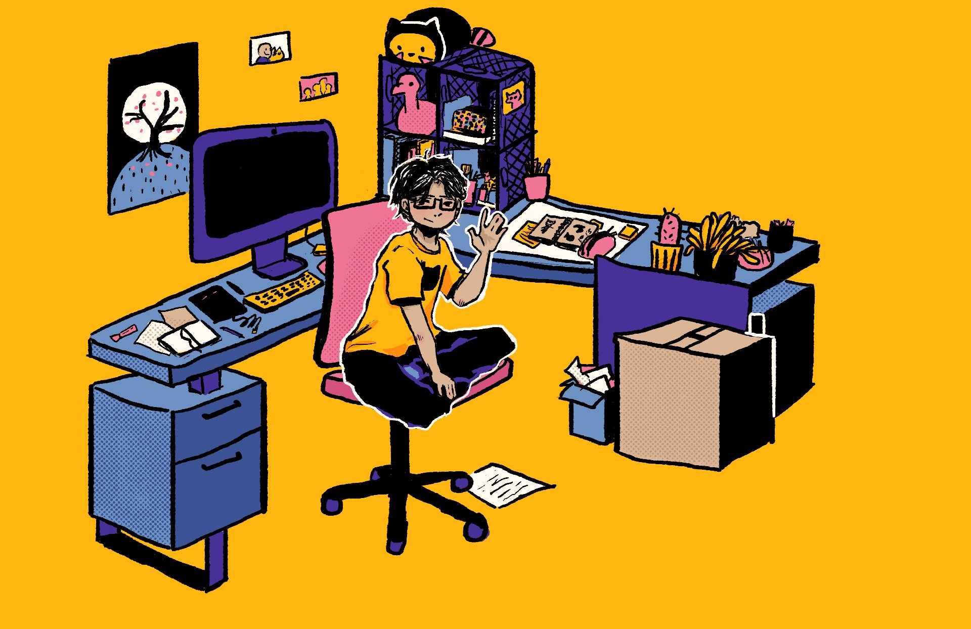 Self portrait of myself sitting at my desk and waving hi.