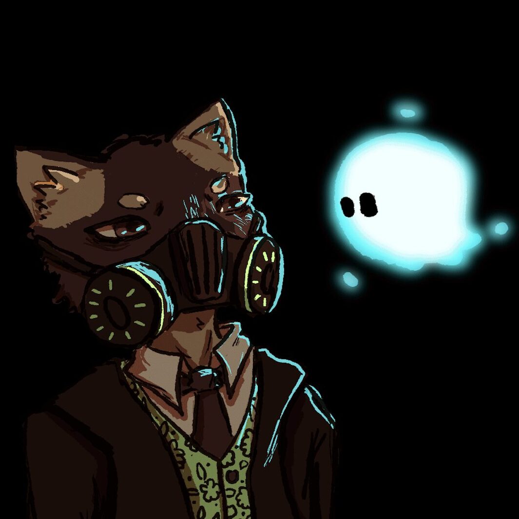 Anthro cat wearing a gas mask and a suit looking at a glowing spirit