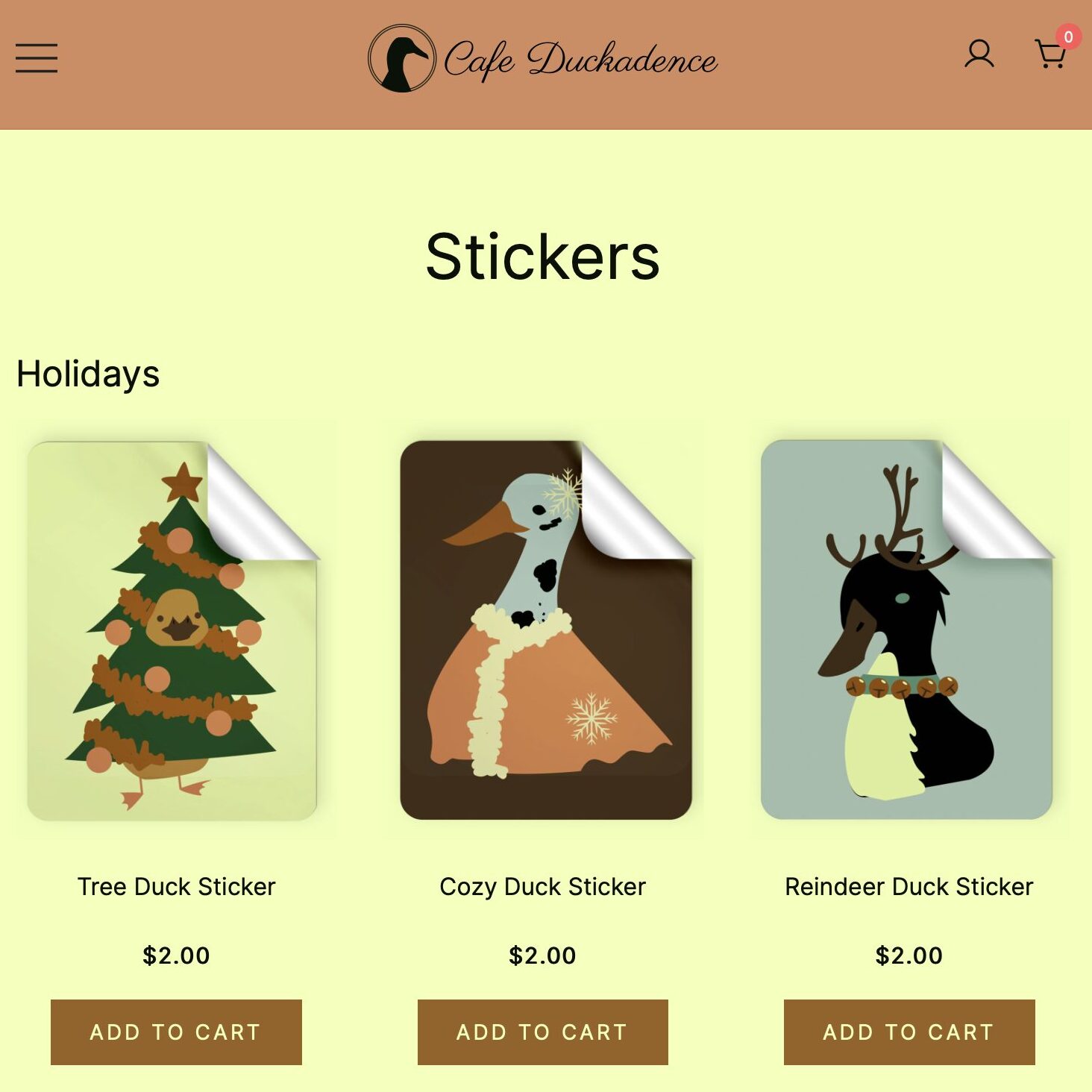 Screenshot of the Cafe Duckadence merch store