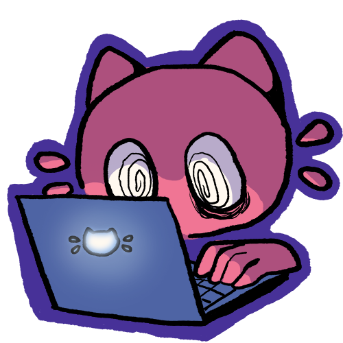 Pink cat losing sleep over coding a website