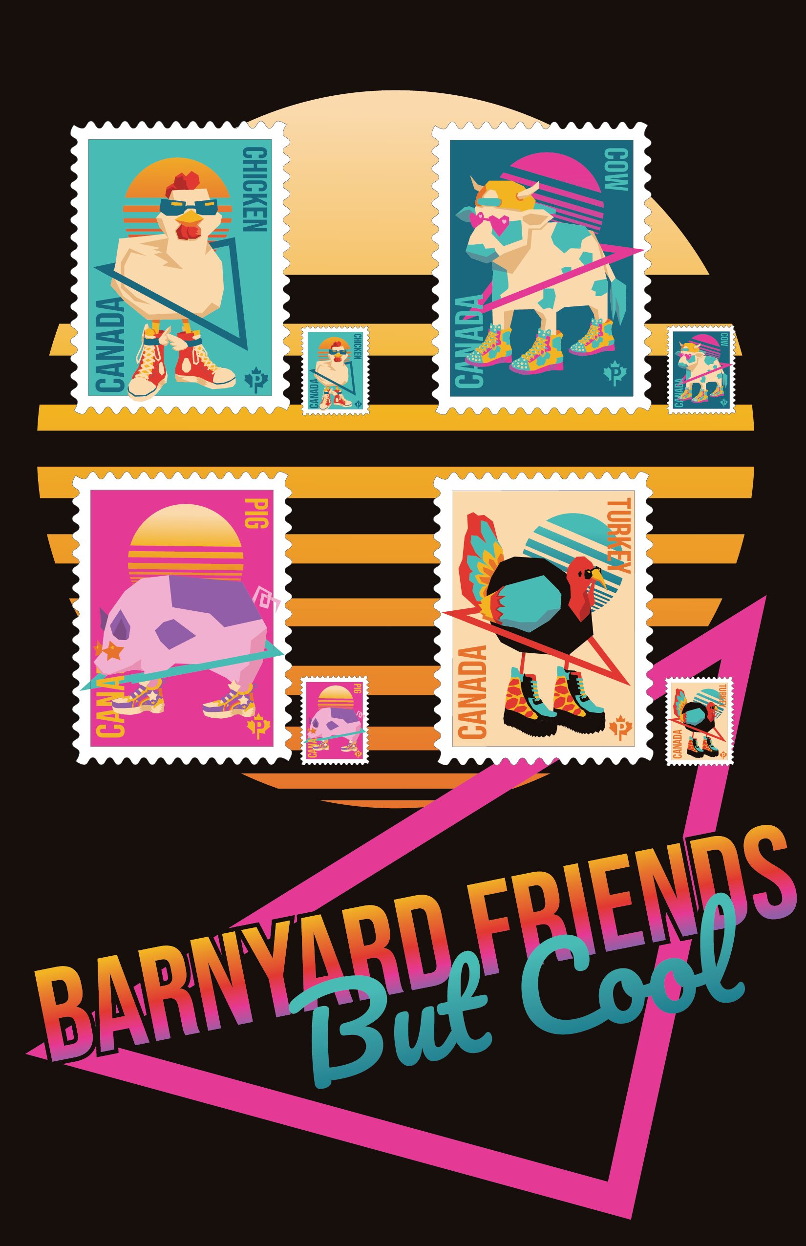 Four illustrations of barnyard animals wearing shoes and sunglasses.