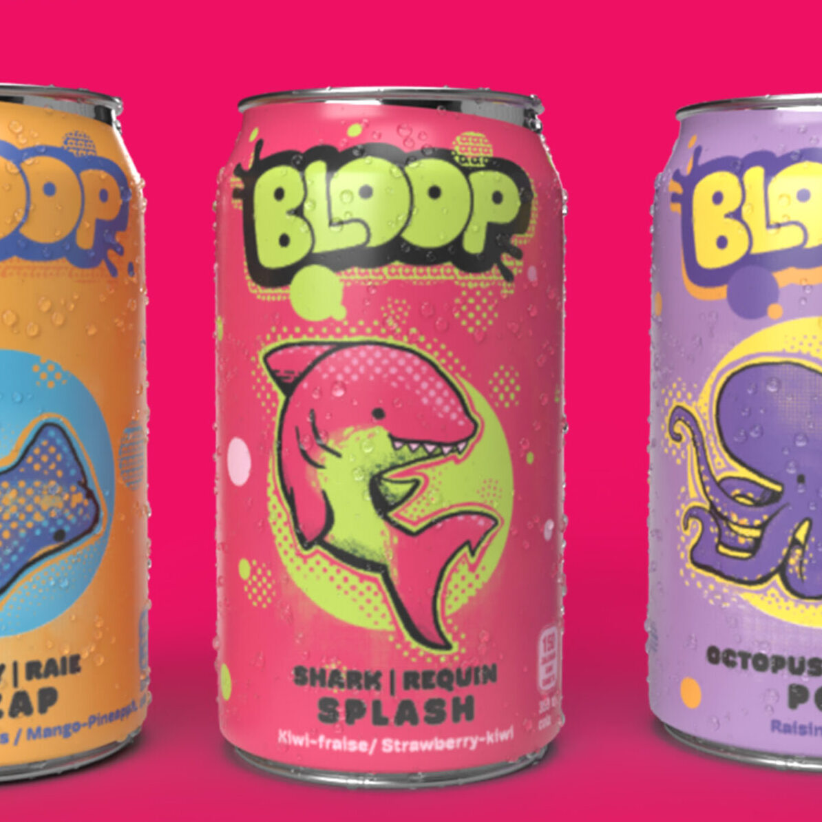 Cropped image of three drink cans of a sparkling fruit drink with sea creatures on them.