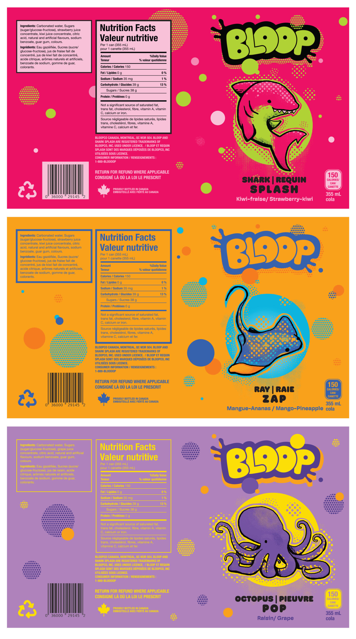 flat labels of the three different drink flavours