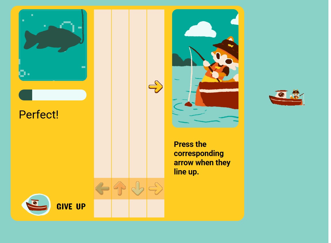Screenshot of the game. A rhythm game interface is displayed with four columns corresponding to each arrow direction. The game has a fishing theme and there is an image of a cat fishing.
