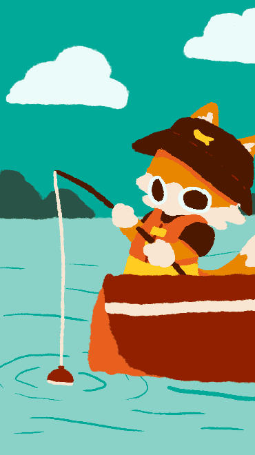 gif of an orange cat wearing a life jacket and hat while fishing