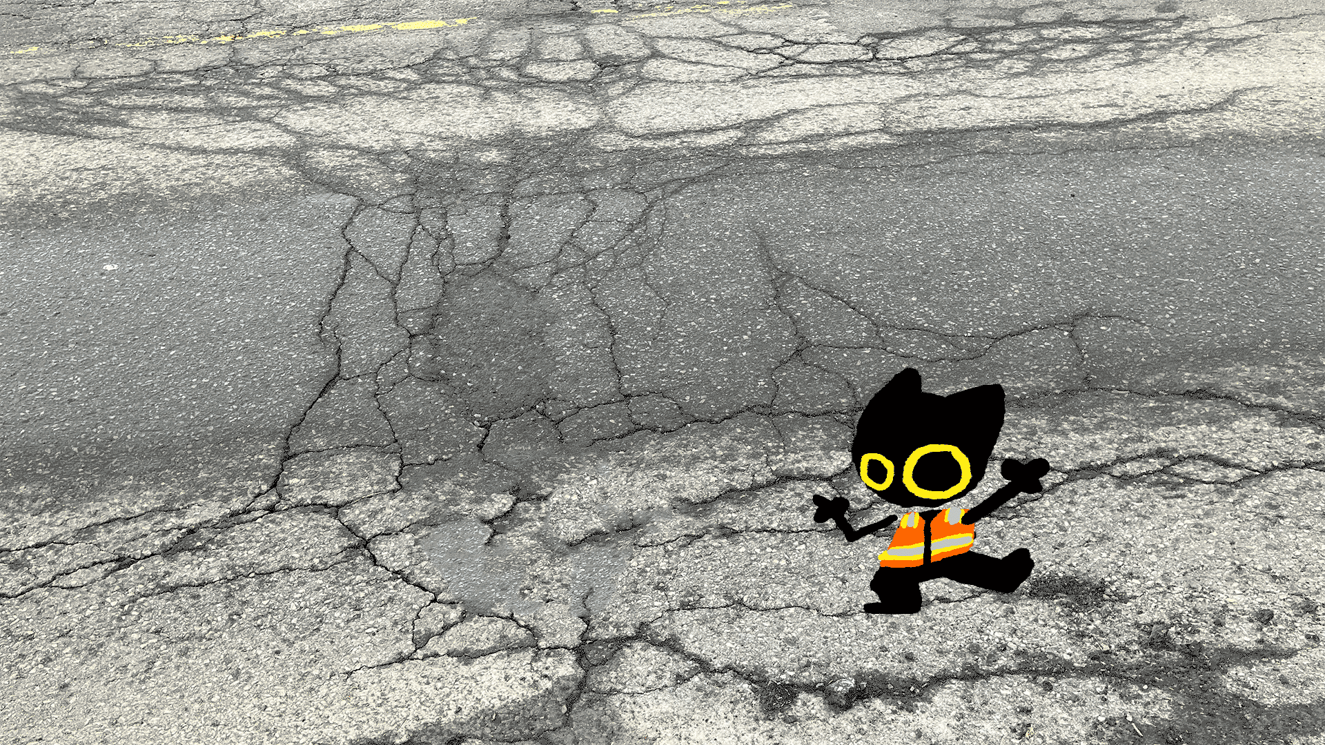 Goudron, a black cat wearing a high-vis vest, dancing.